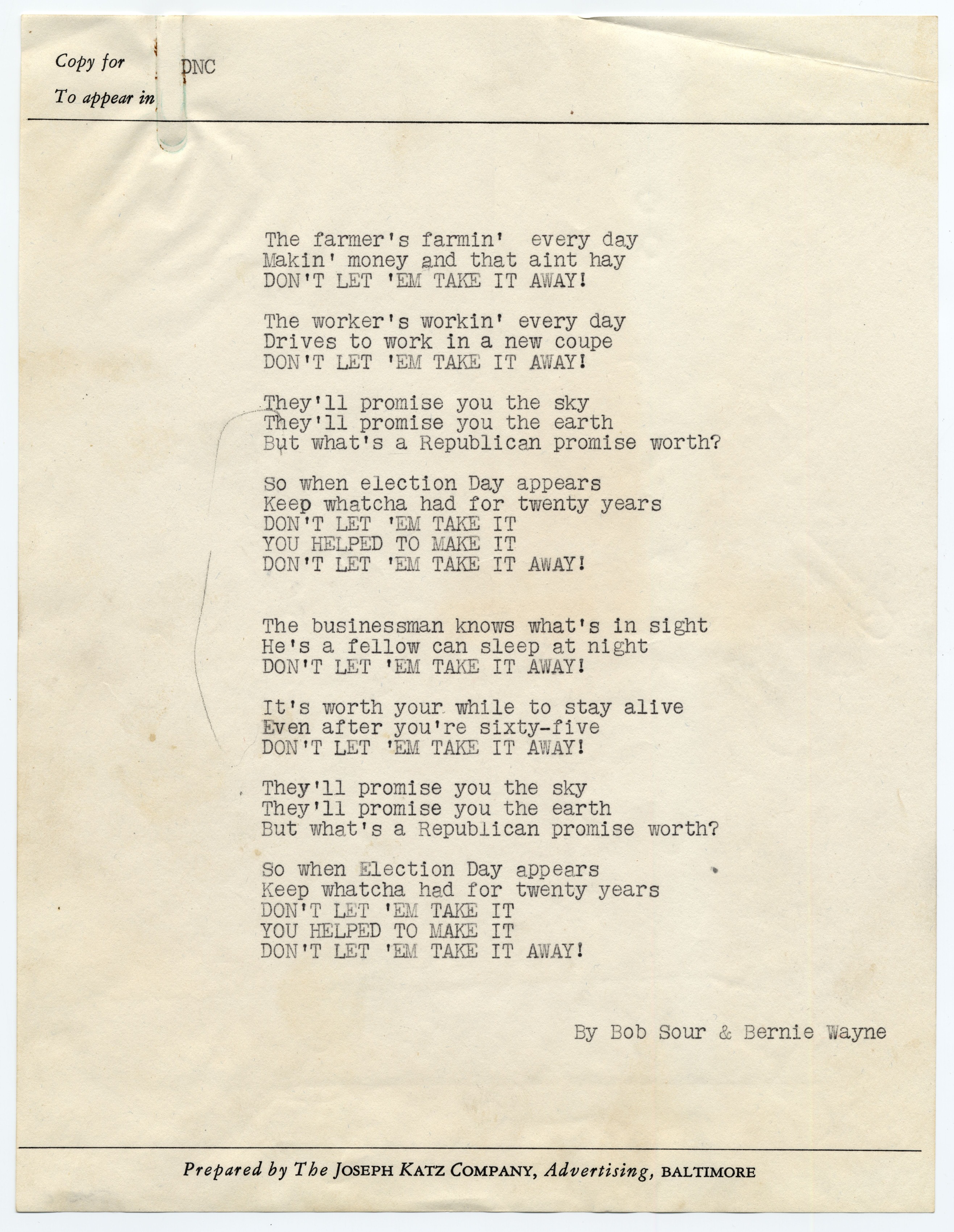 Lyrics typed on white stationary.