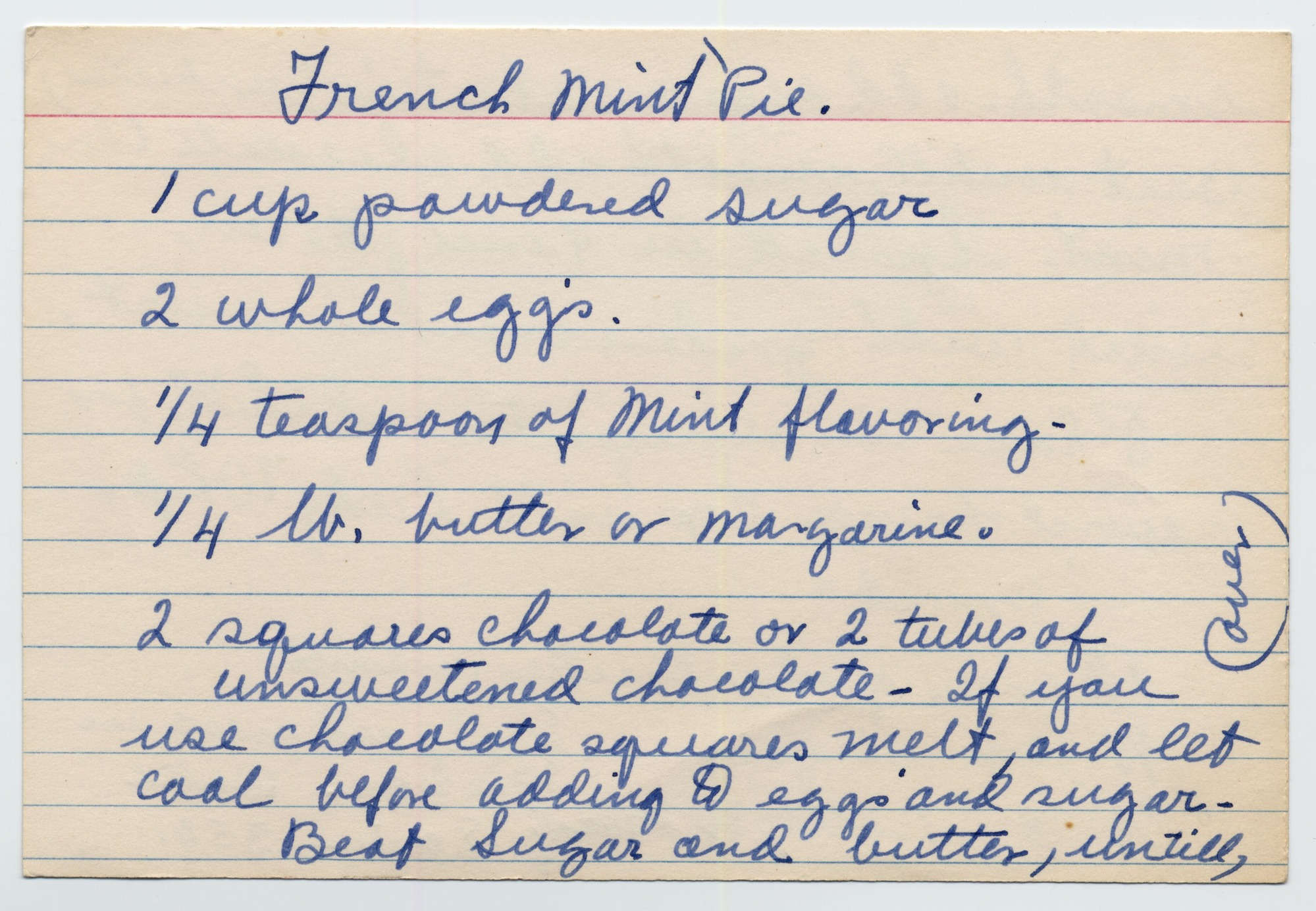 A recipe written in blue pen on a lined note card.
