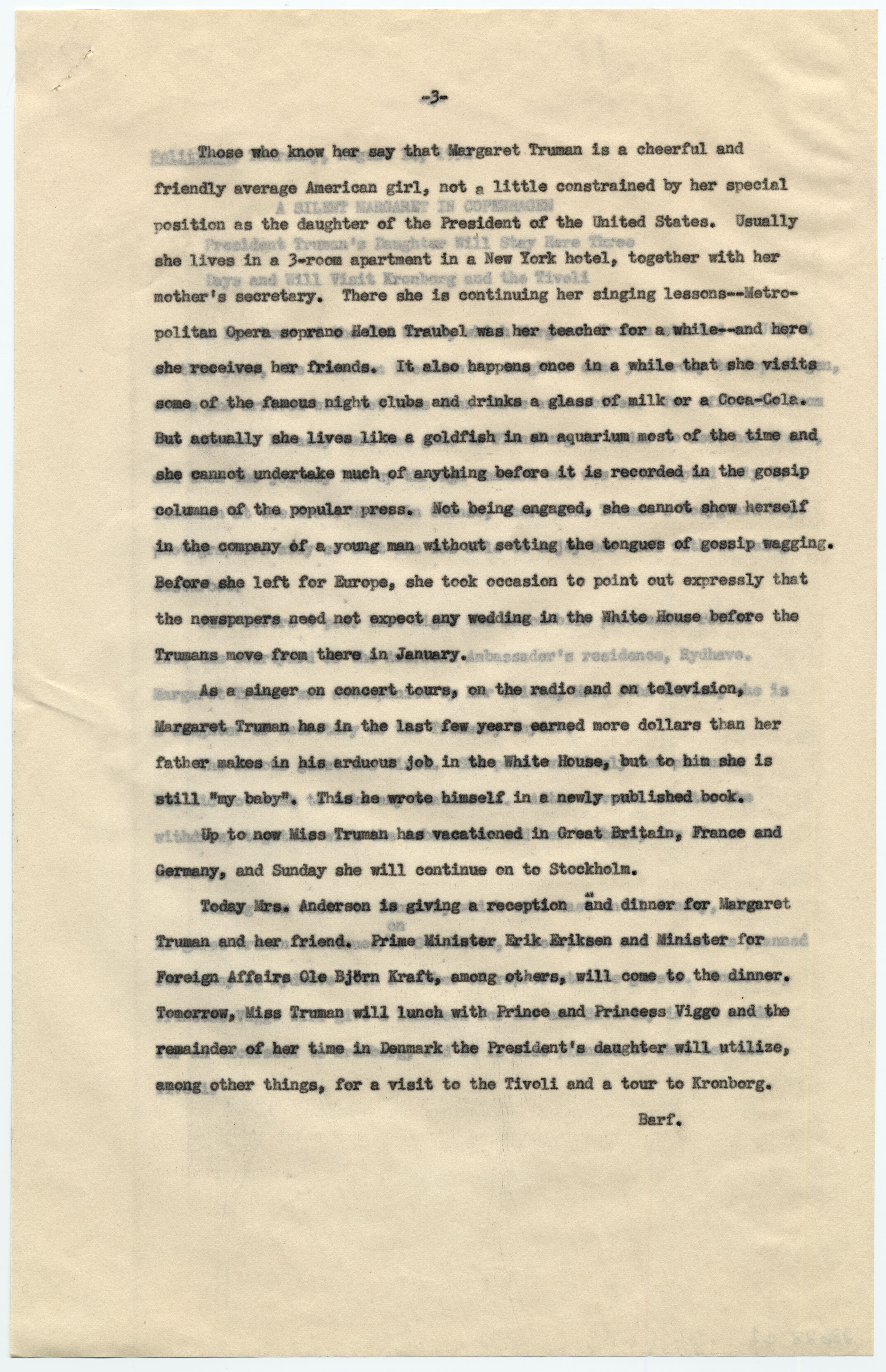 Four pages of translations for Danish newspaper articles on long copy paper.