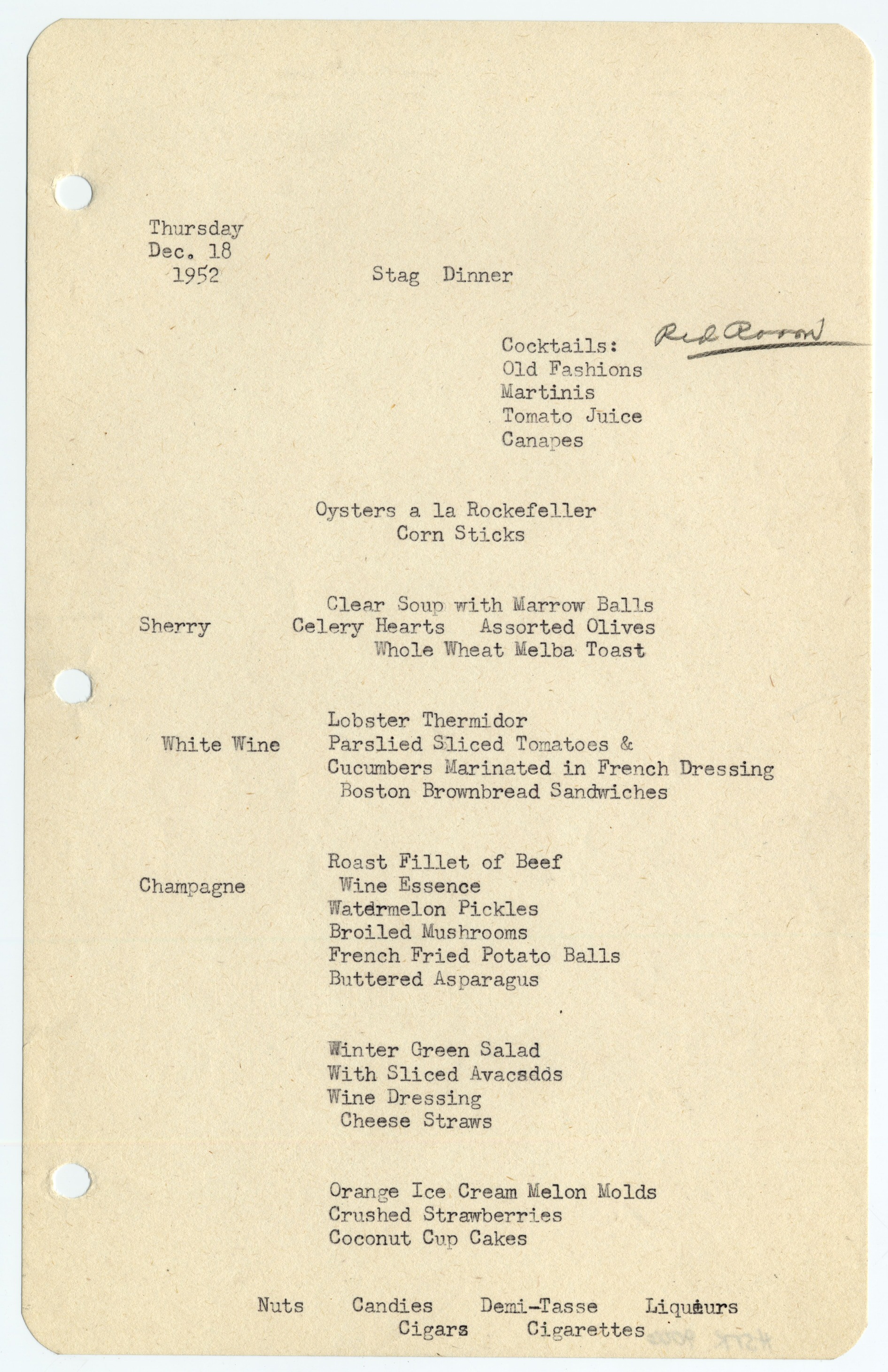 Menus typed on white paper with three hole punches on the left side.