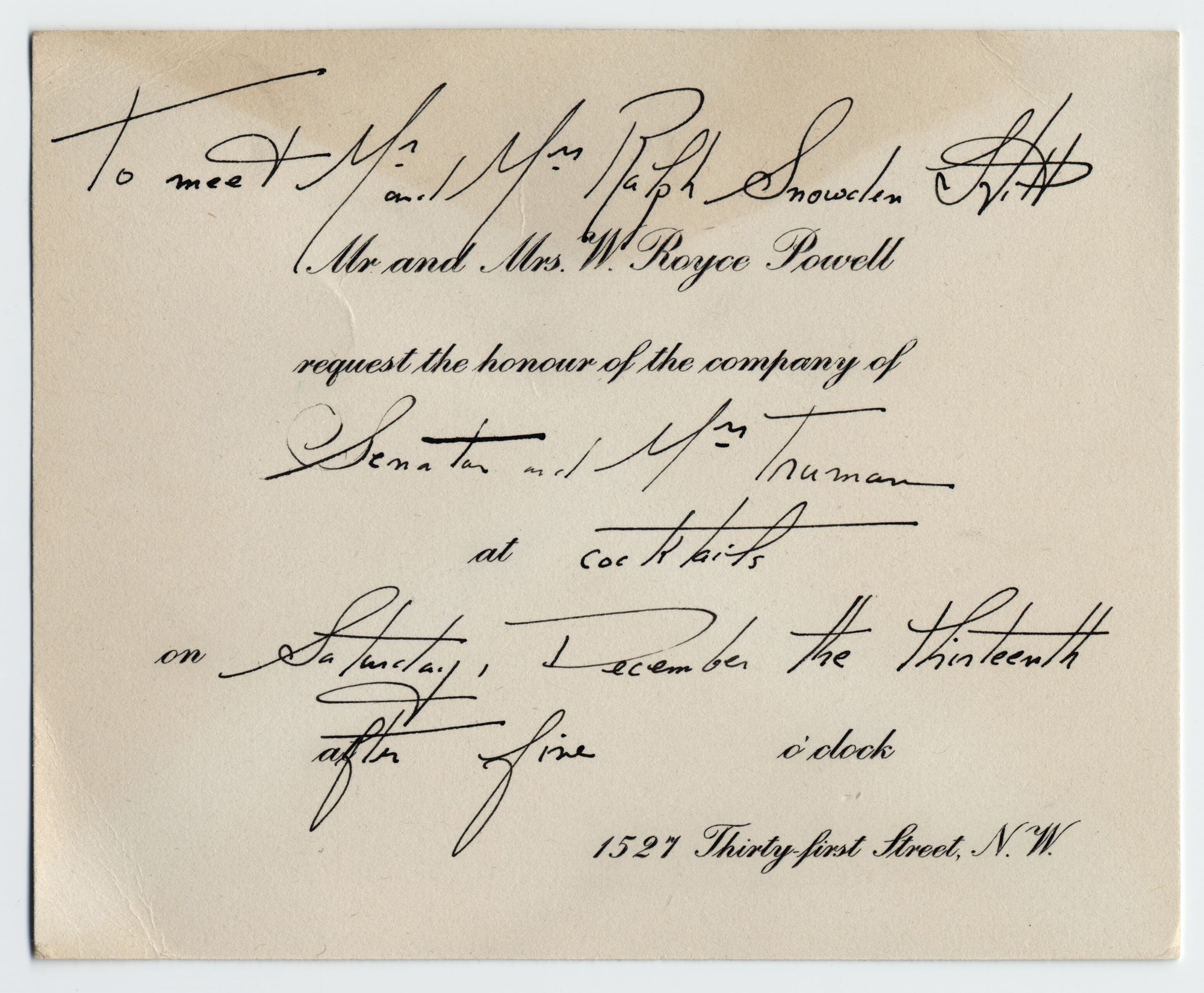 The invitation is printed and written on cardstock paper.