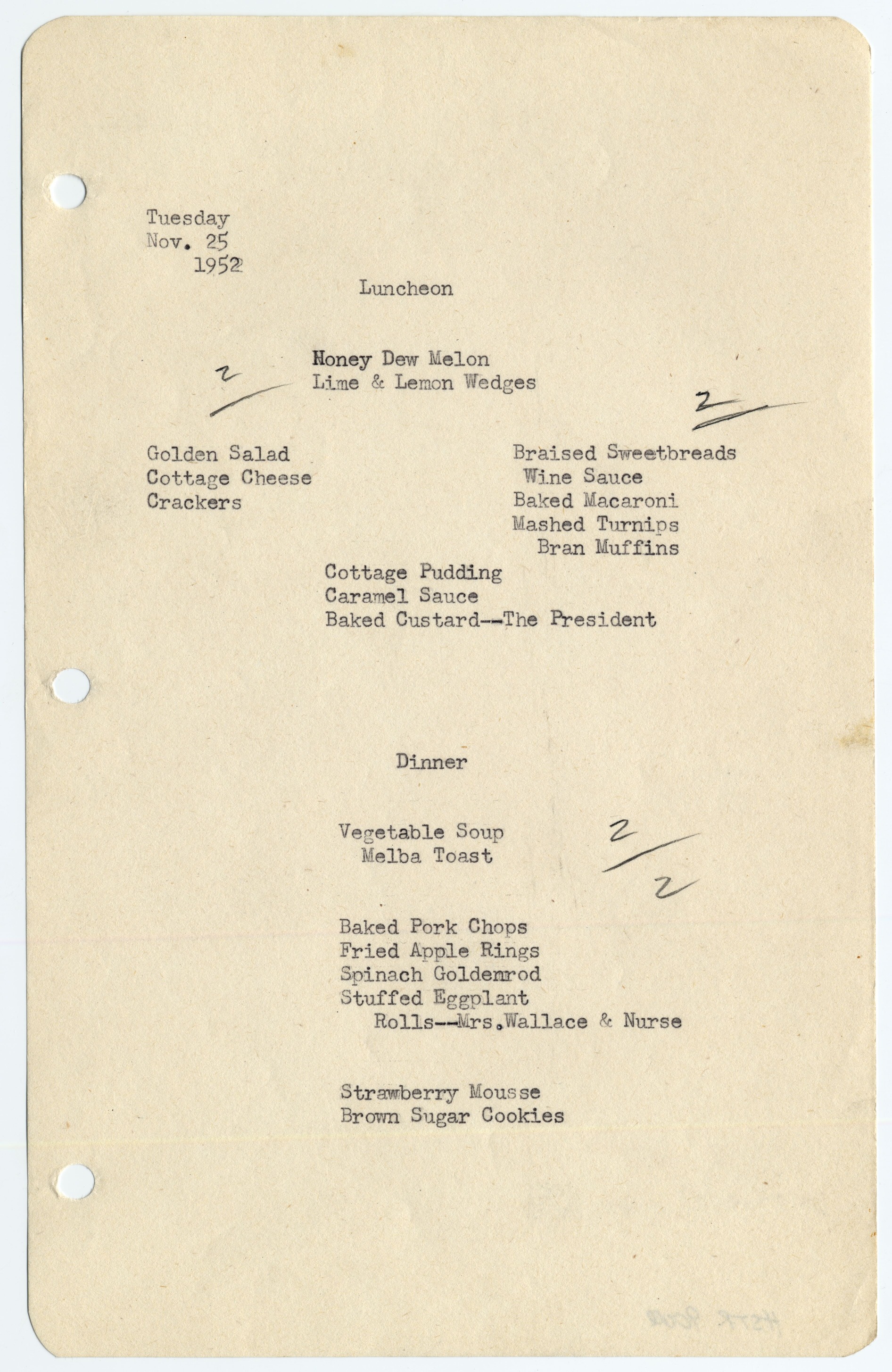 Menus typed on white paper with three hole punches on the left side.