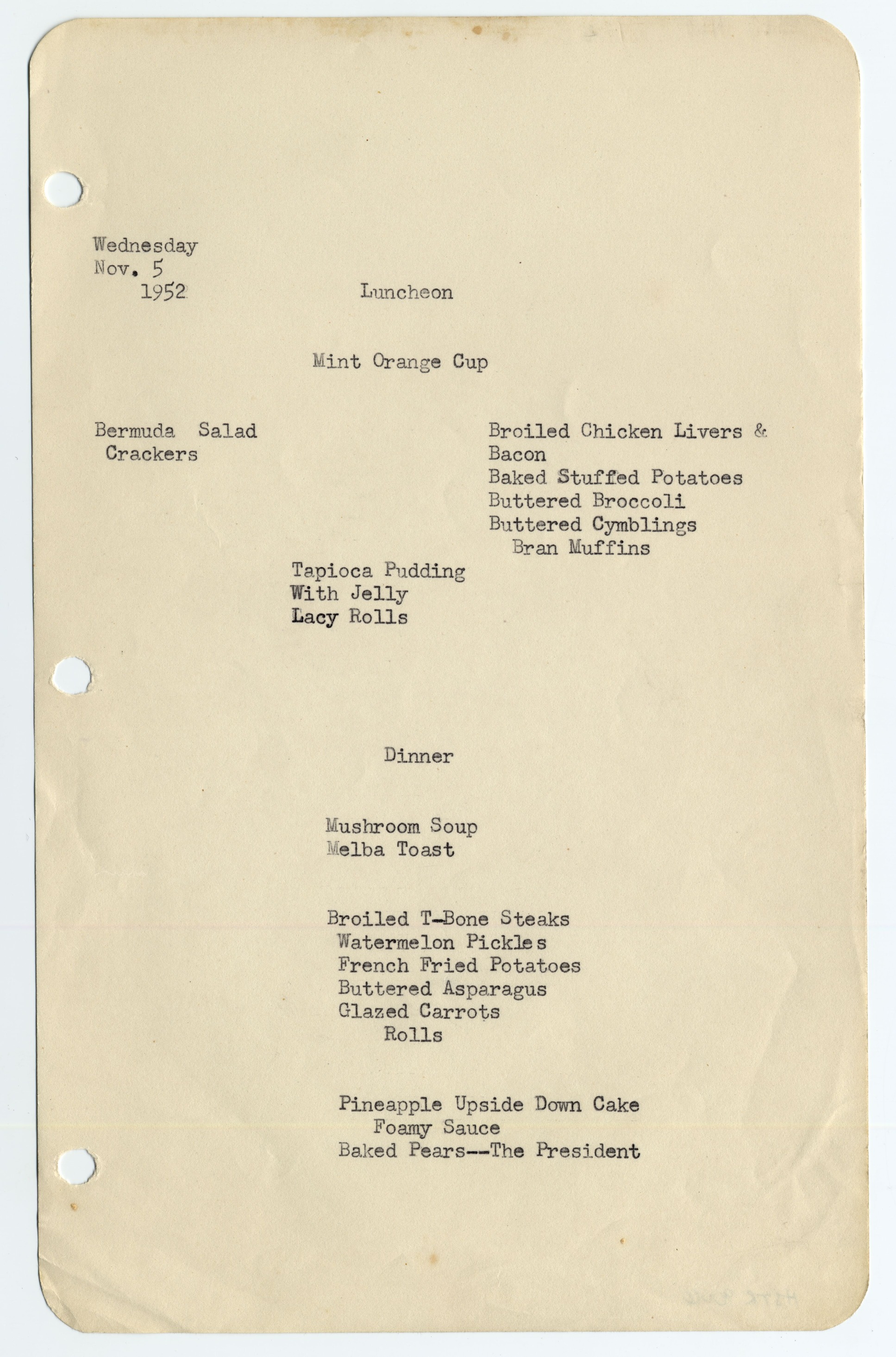 Menus typed on white paper with three hole punches on the left side.