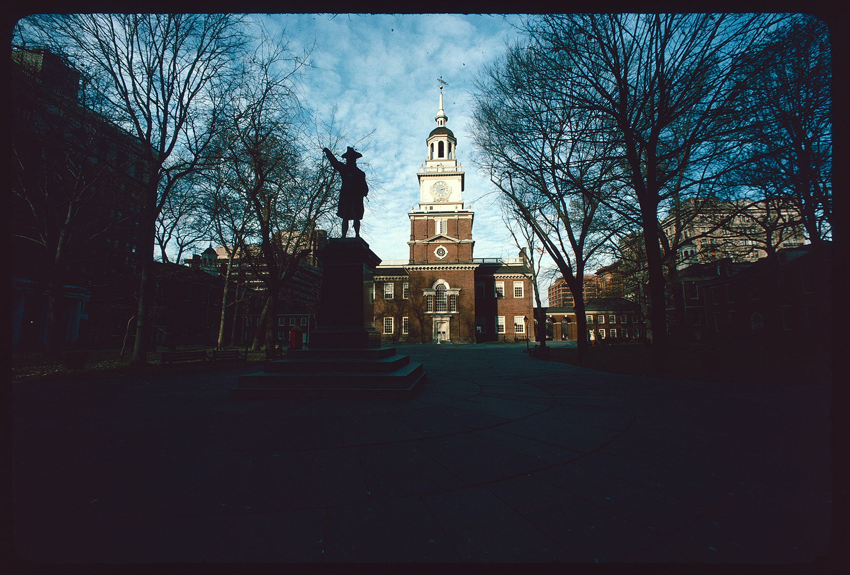 Independence Square. Looking northeast right of John Barry Statue towards Independence Hall exterior. Tower clock, nearly 2:15 PM.