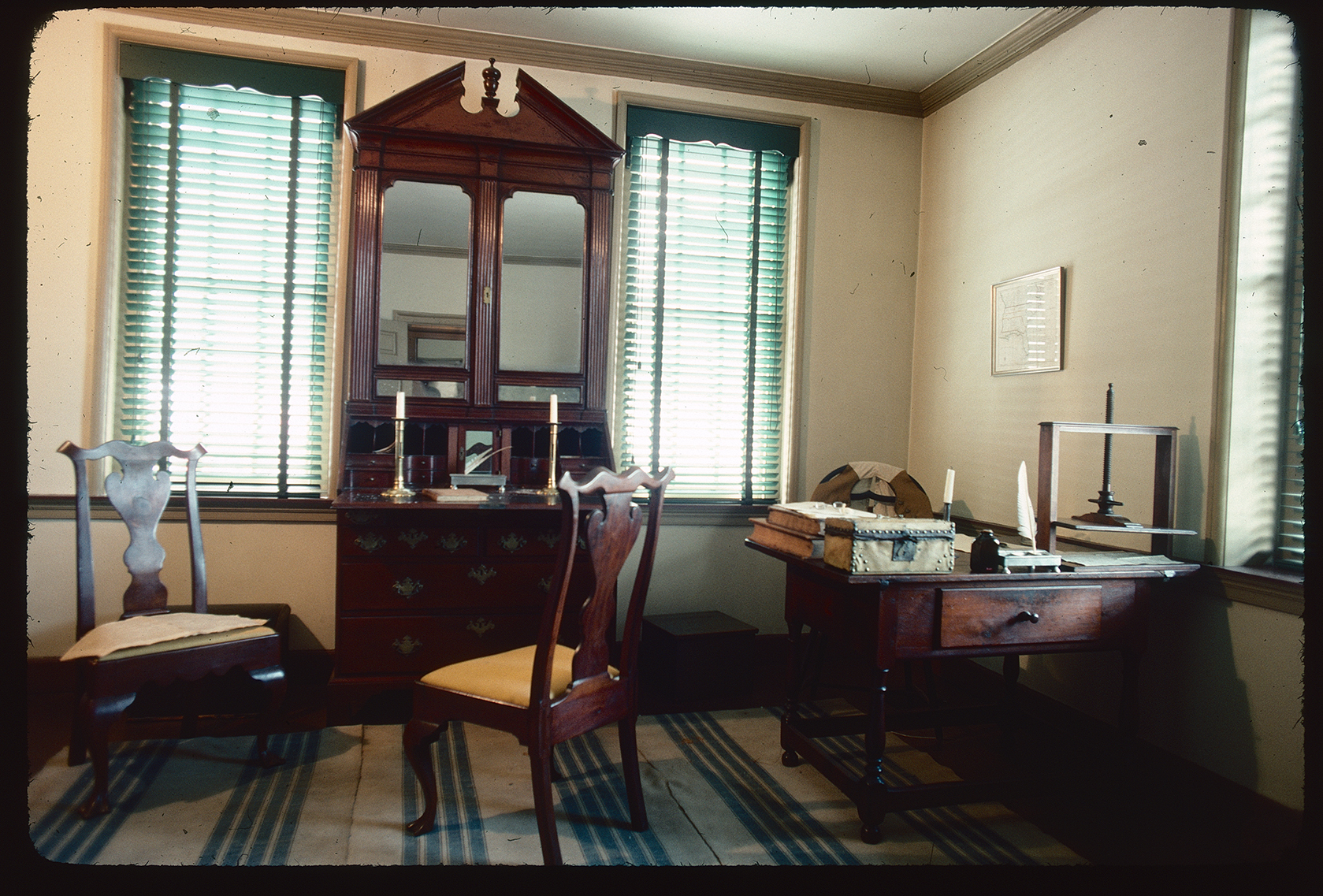 Todd House. Interior. 1st floor, law office. Looking southwest towards south wall, showing both secretary cabinet and desk.
