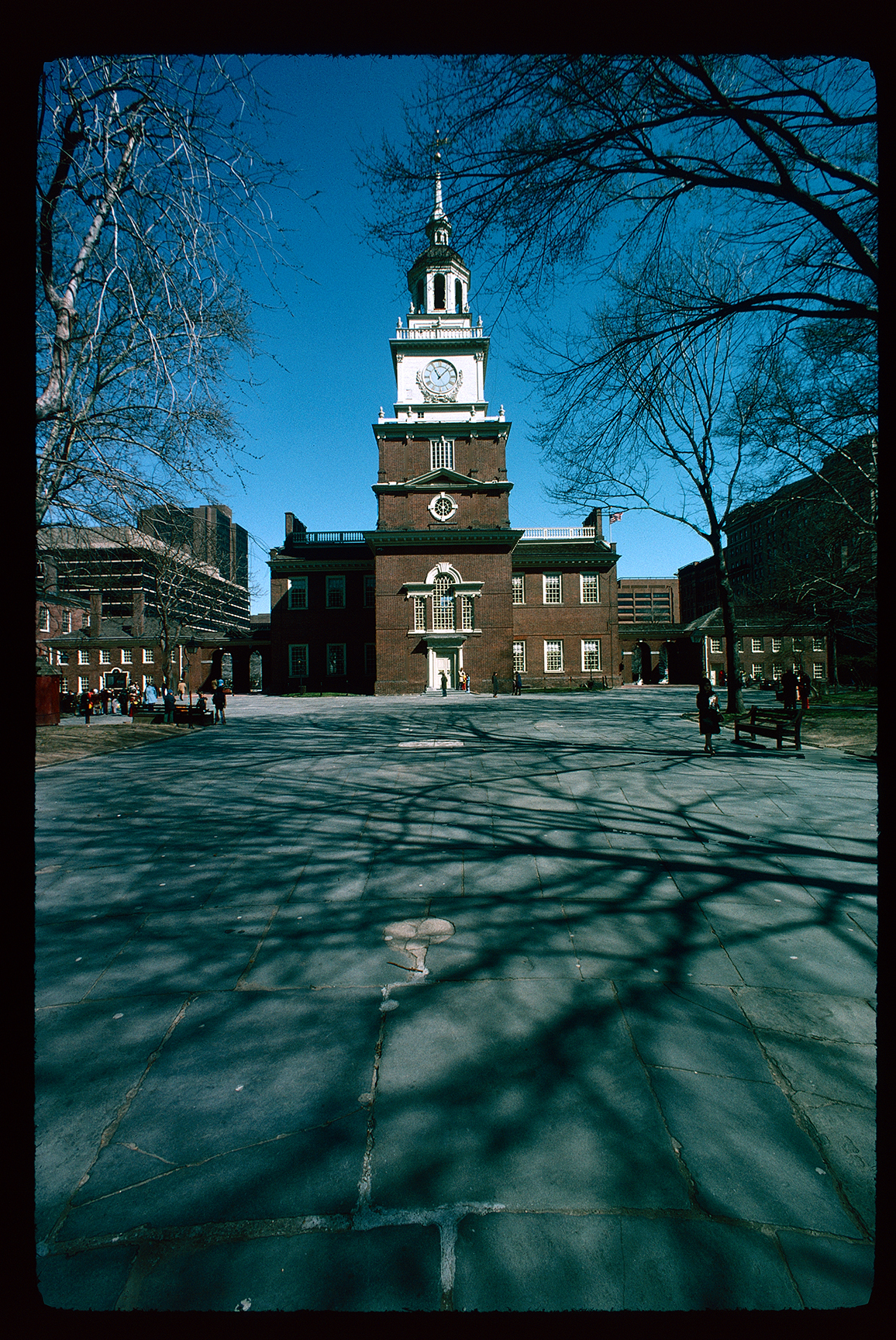 Independence Square. Looking up northeast at Independence Hall exterior. Tower clock, 1:55 PM.