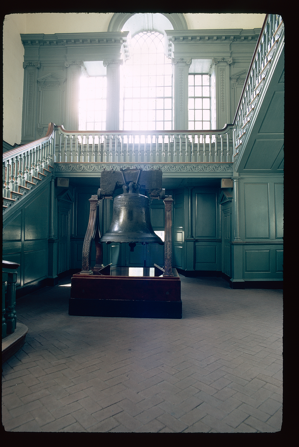 Independence Hall. Interior. 1st floor, Tower stairhall. Looking south at Liberty Bell, towards Independence Square.
