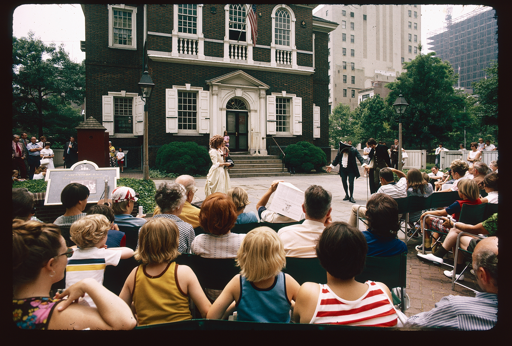 Carpenters Court. Looking southwest. Performance in front of Carpenters Hall (north exterior).