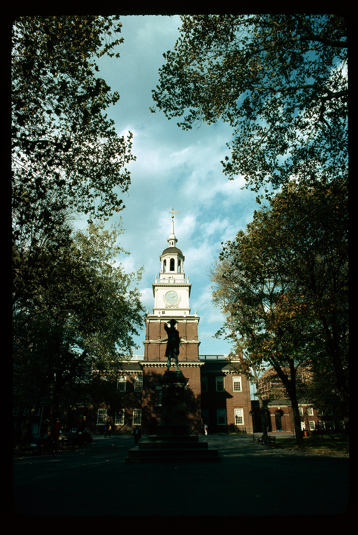Independence Square. Looking northeast past John Barry statue at Independence Hall exterior. Tower clock, nearly 2:25 PM.