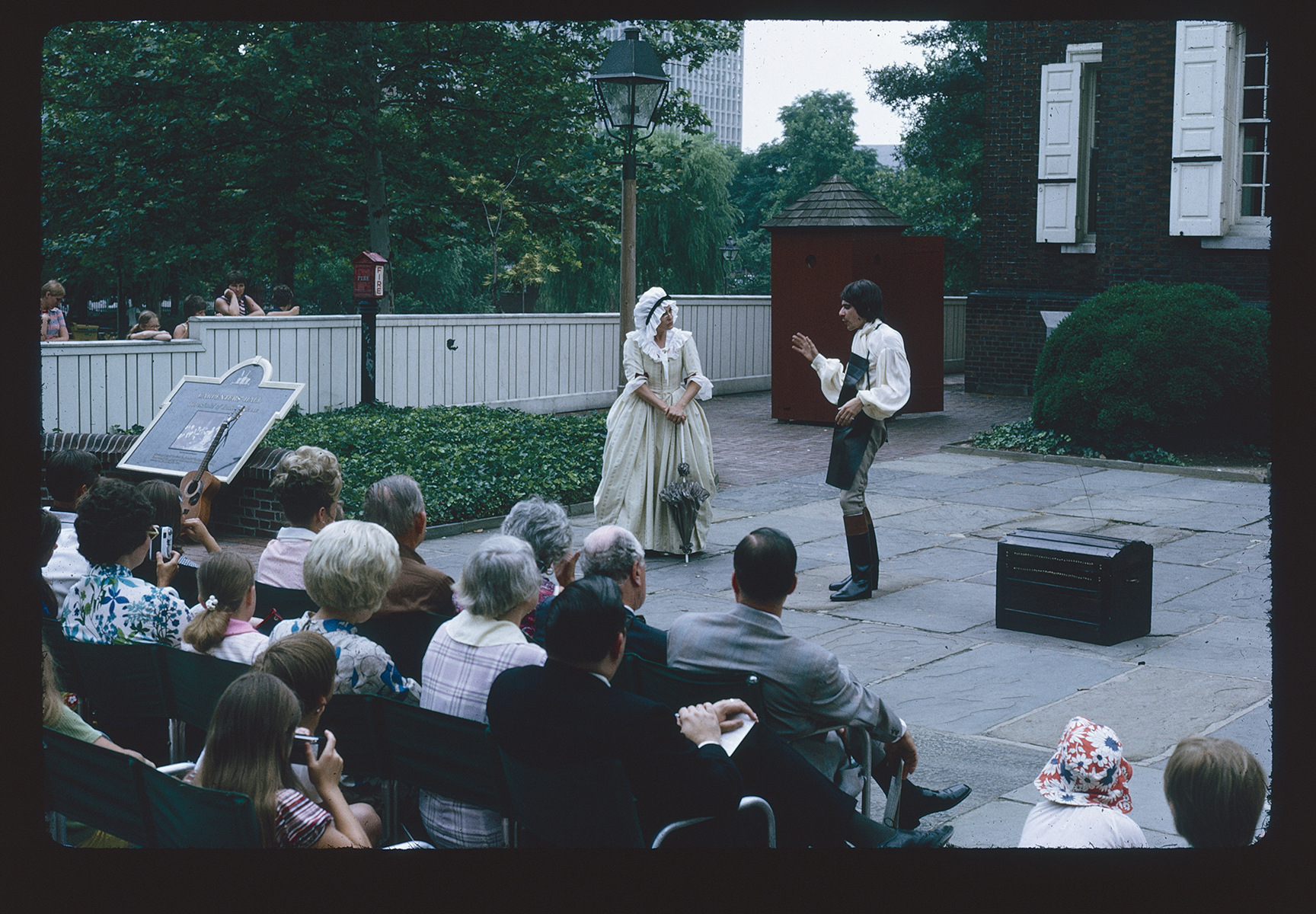 Carpenters Court. Looking southeast. Performance in front of Carpenters Hall (north exterior).