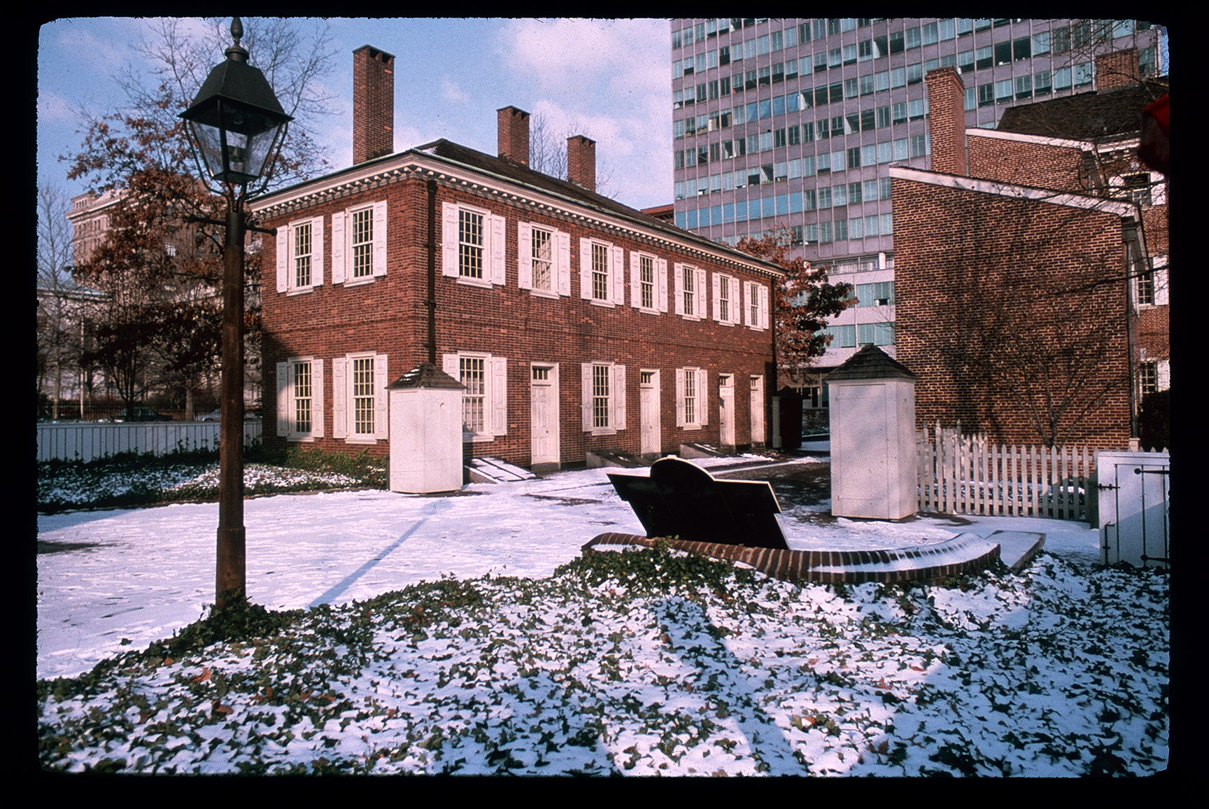 New Hall. Exterior. Looking northwest on a snowy day.