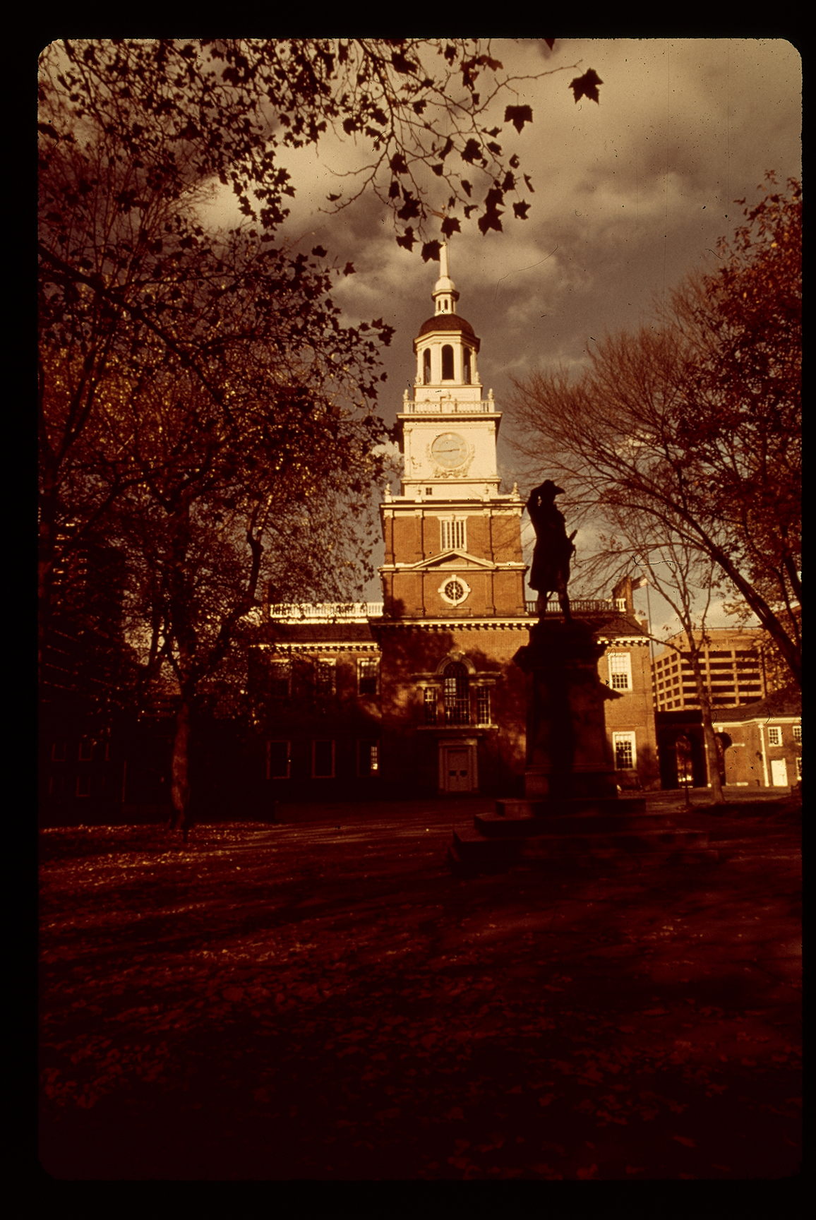 Independence Square. Looking up northeast past John Barry statue at Independence Hall tower exterior. Tower clock, 2:45 PM.