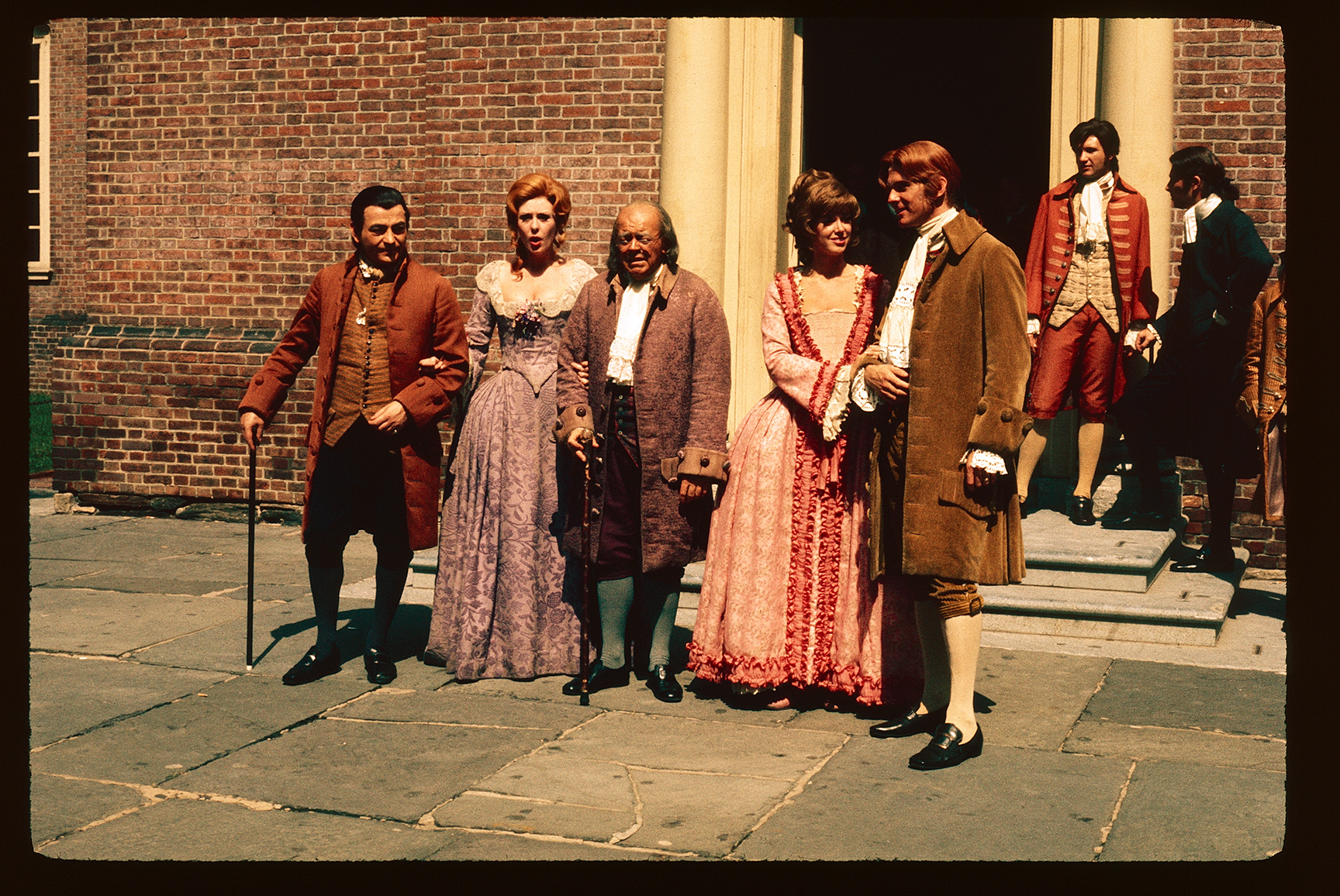 Independence Hall. Exterior. Looking north at south tower entrance. Cast of the touring production of the musical "1776".