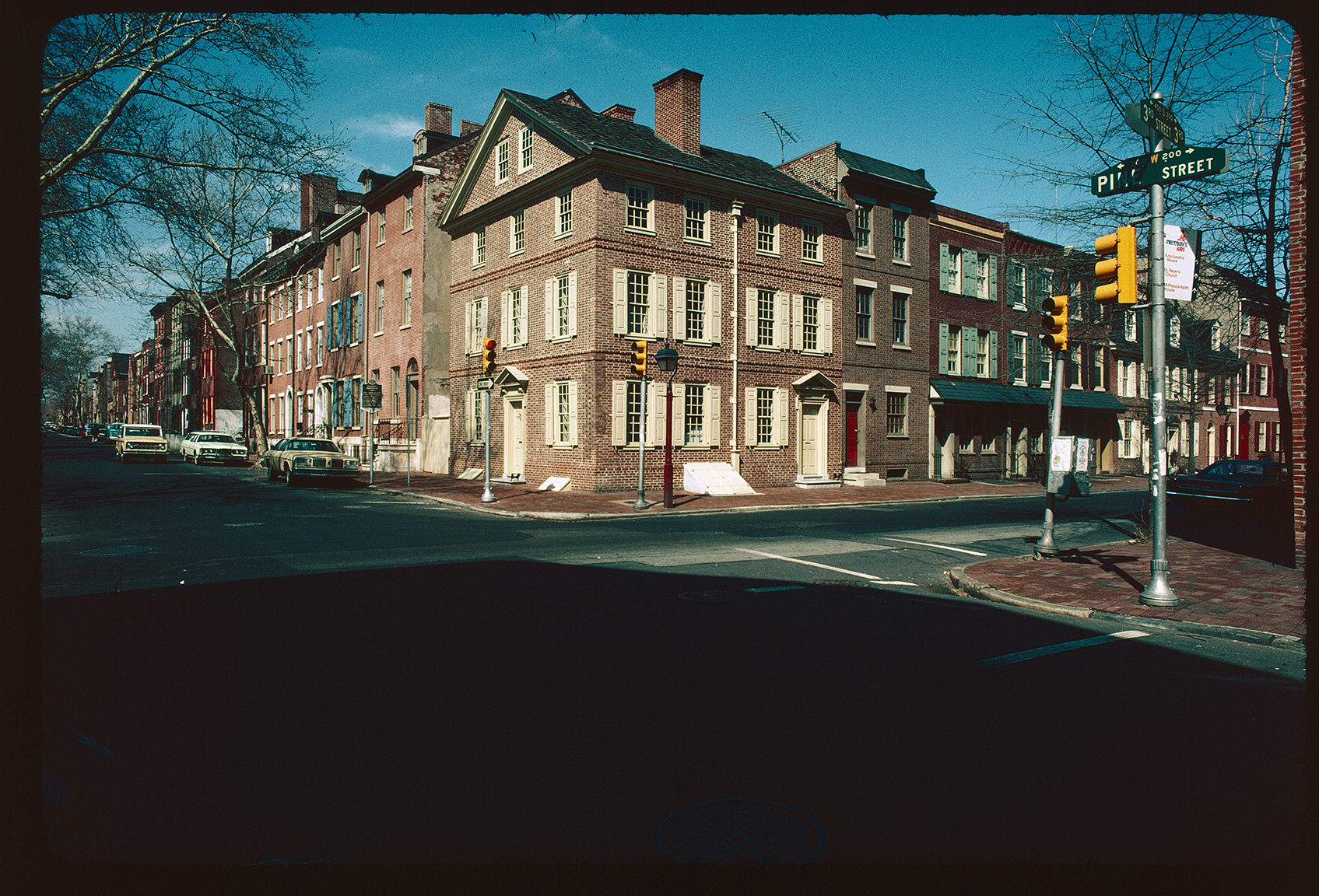 Kosciuszko House. Exterior. East and south side. Looking northwest from southeast corner of 3rd & Pine Streets. Traffic light red.