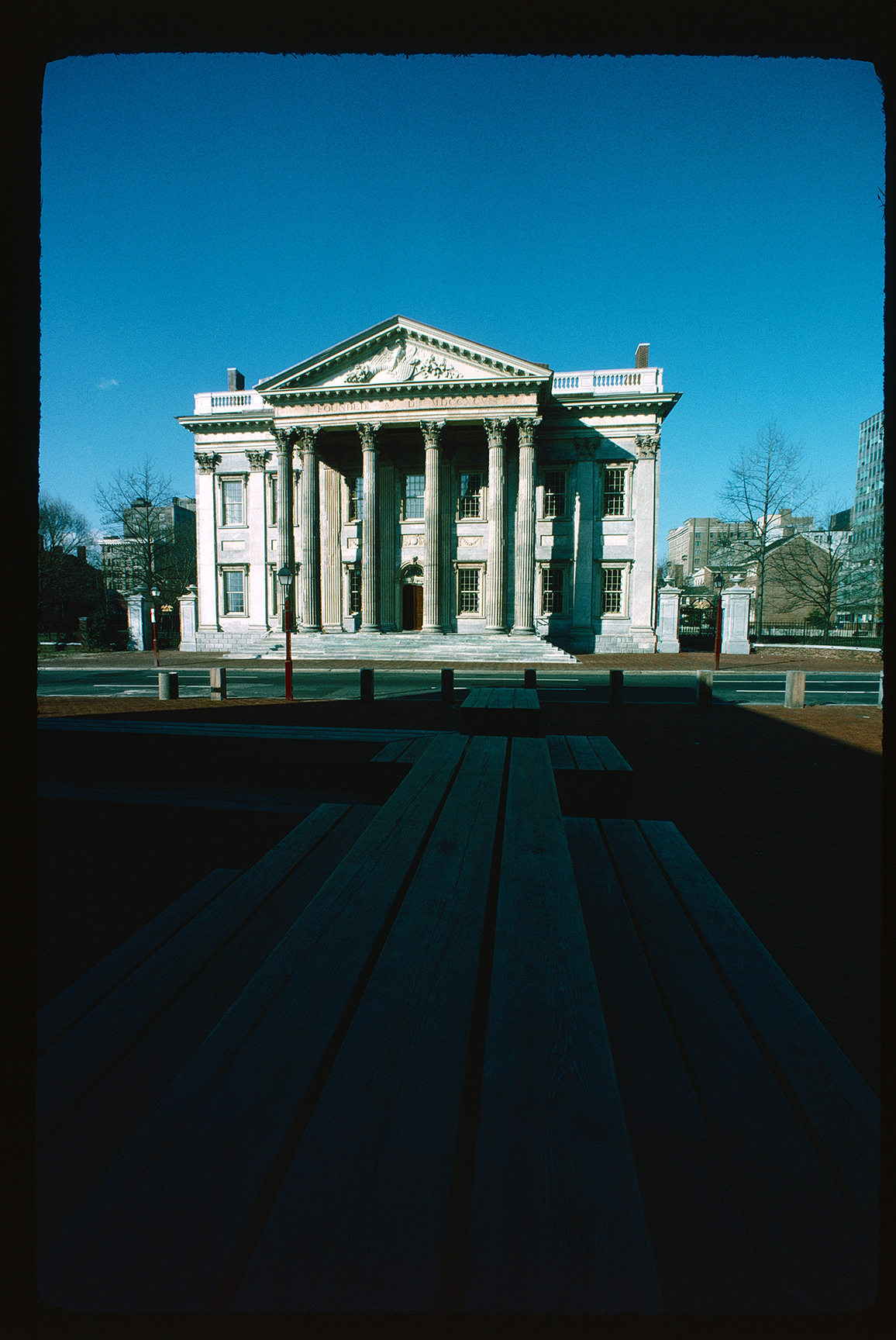 First Bank of the United States. Exterior. Front face. Looking west further back across 3rd Street, in front of Old Visitor Center.