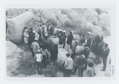Black and white image of conducted hike by Anita Allison in Sneakeye area