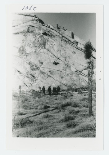 Black and white image of show-me-day by JOTR superintedent for 29 Palms Marine Base. Rangers rock climbing.