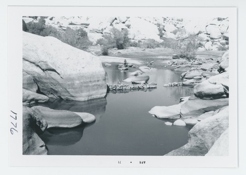 Black and white image of Barker Dam area