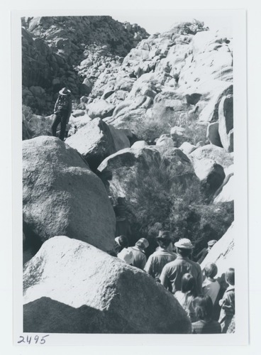 Black and white image of conducted walk in Indian Cove and Rattlesnake Canyon