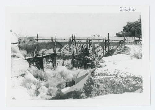 Black and white image of dam at Keys Ranch