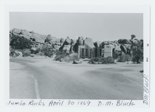 Black and white image of Jumbo Rocks Campground and fiberglass restrooms