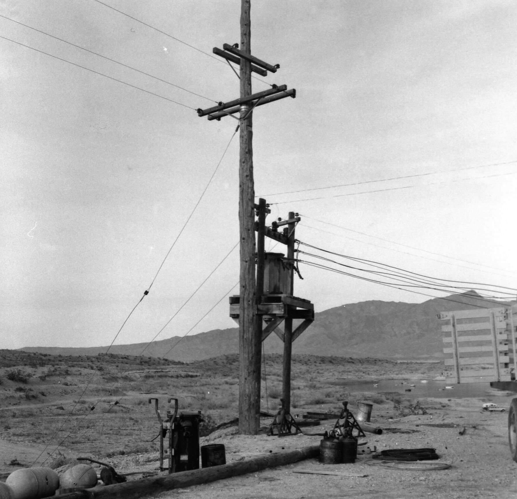 Concessioner transformer station. Two 25 KVA single phase step-up transformers 120/240 - 2400 Volt.