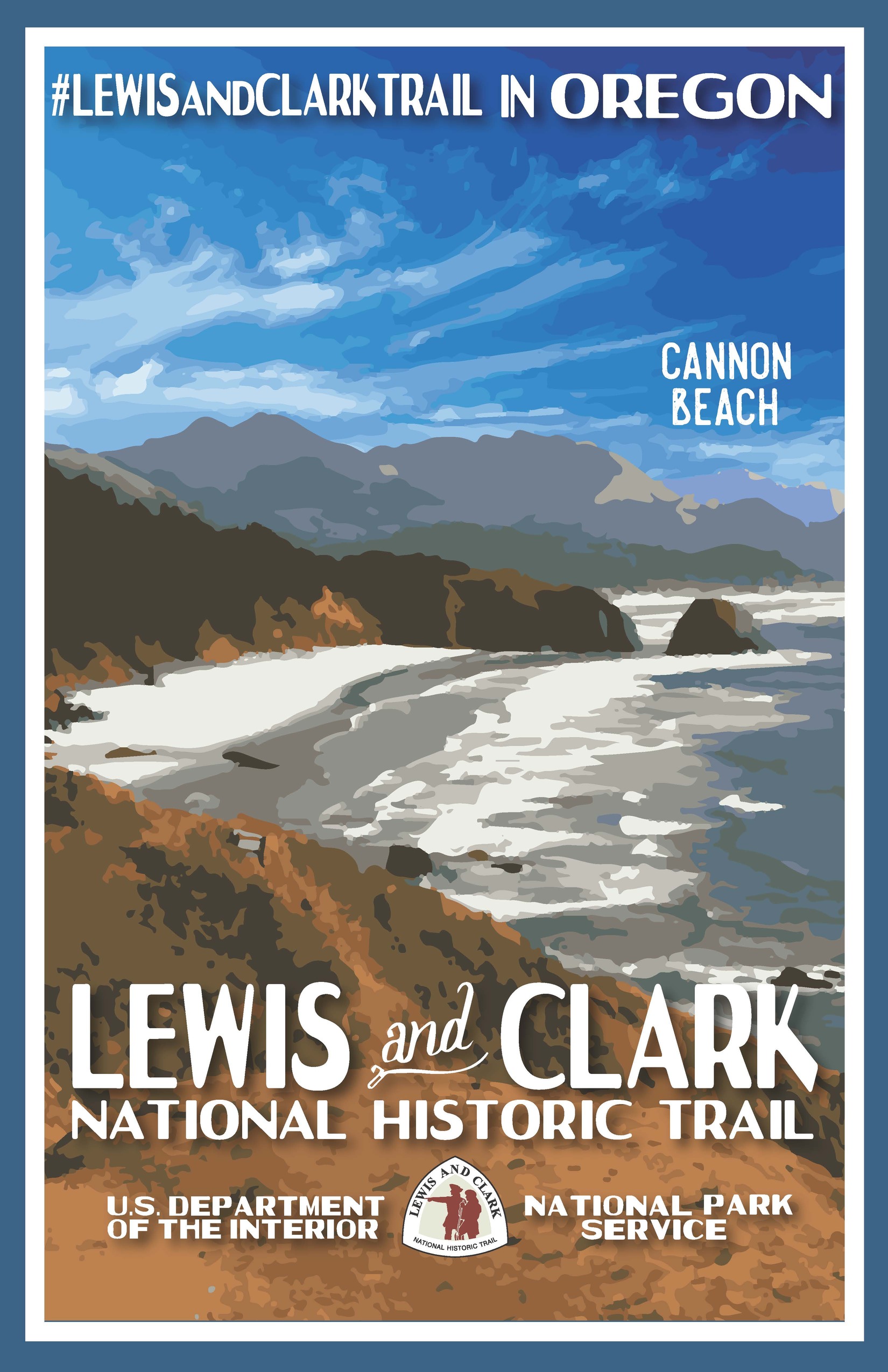 Lewis and Clark Trail in Oregon. Cannon Beach. Lewis and Clark National Historic Trail. U.S. Department of the Interior. National Park Service. Illustration of rocky coastline dropping into ocean. One lone haystack rock just out of the water. Deep blue sky and water. Modeled after WPA silkscreened retro poster.