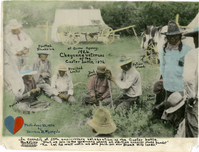 [Left to Right] Porcupine, Spotted Blackbird, Braided Locks, Bad Horse, Hollow Wood, and Wolf Name.  Cheyenne Veterans of th eBattle of Little Bighorn.  Seated in Council at the 50th Anniversary Celebration