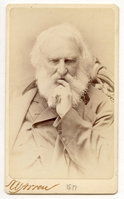 Henry Wadsworth Longfellow is seated and lifts his left hand to his mouth. Half-length portrait. Details of outfit include a double-breasted jacket, velvet collar on his coat, and two buttons on the wristband. A carved portion of the chair is visible. Longfellow has chin-length white hair and a full white beard.