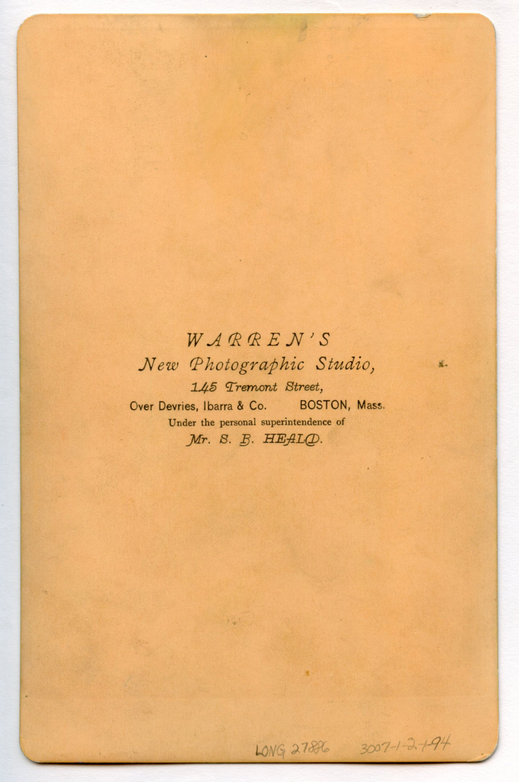 Back of a cabinet card.