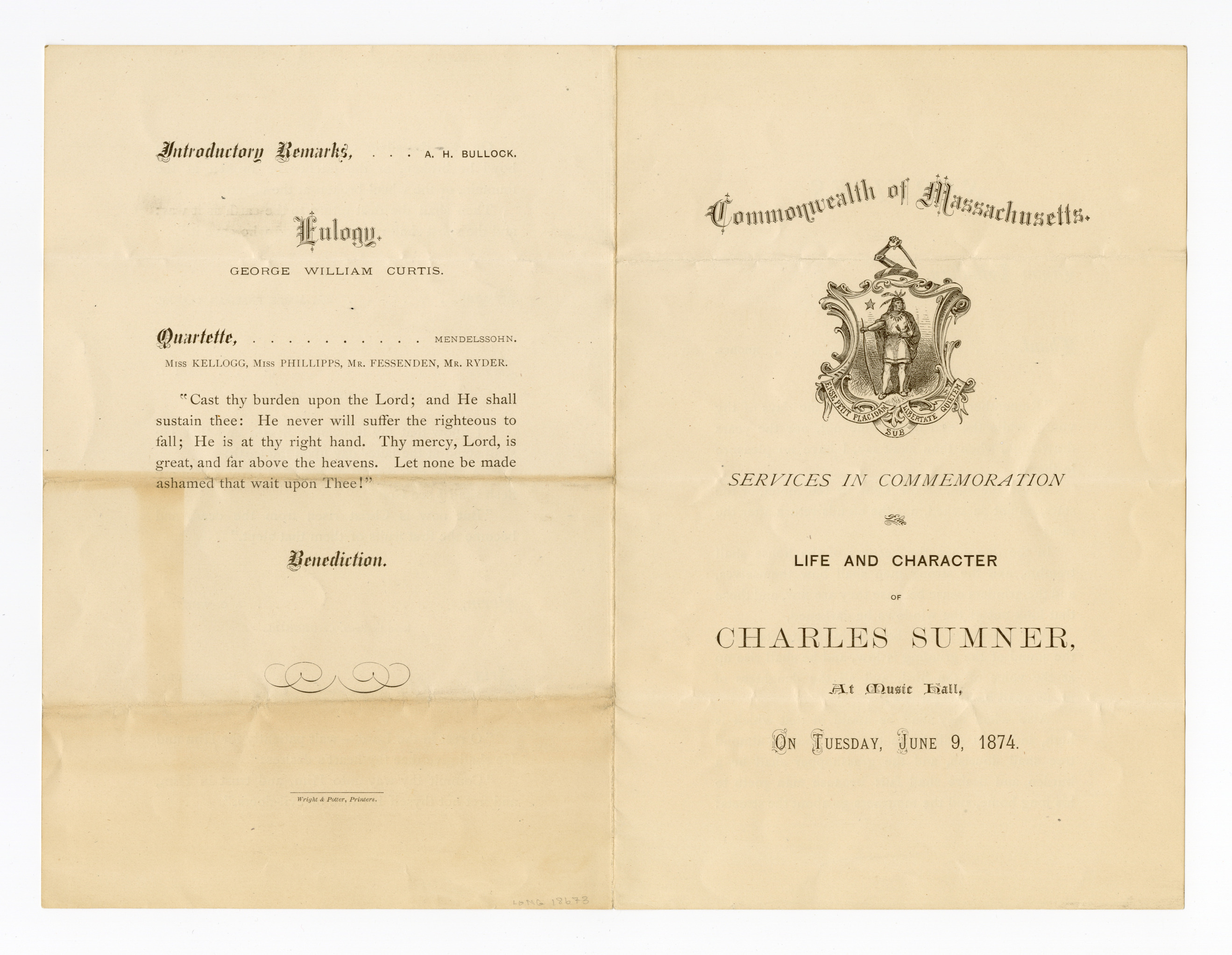 Program of commemoration services for Charles Sumner