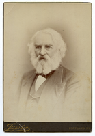 Bust-length portrait. Henry Wadsworth Longfellow three-quarter view to his right (viewer's left). He is wearing a dark suit with striped texture, almost like a corduroy. Two buttonholes are visible in the lapels. Longfellow has chin-length white hair and a full white beard.