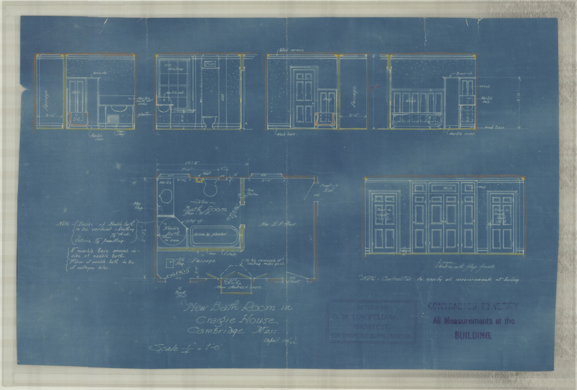 Blueprint with notes and annotations, showing design elements and measurements; walls and tubs shaded in yellow and orange