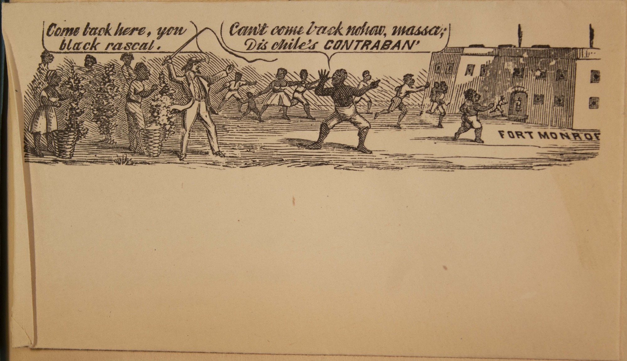 Political cartoon of overseer yelling as group of Black men, women, and children run towards Fort Monroe.