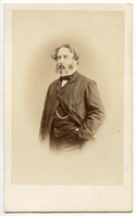 A bearded Henry Wadsworth Longfellow stands at three-quarter view turned toward his right with his left hand in his pocket. His coat is open, and a chain across his vest is prominent. The figure is shown as a vignette against a black background. Longfellow has ear-length hair and a medium length graying beard.