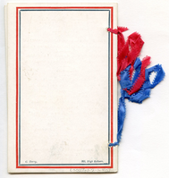 Back cover of a menu for a banquet held in Henry Wadsworth Longfellow's honor. Menu bound with red and blue ribbon. Back cover decorated with red and blue borders.