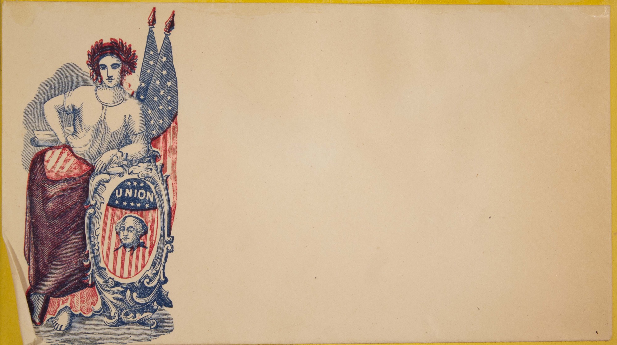 Woman representing liberty leans against shield labeled "union" with George Washington's face on it.