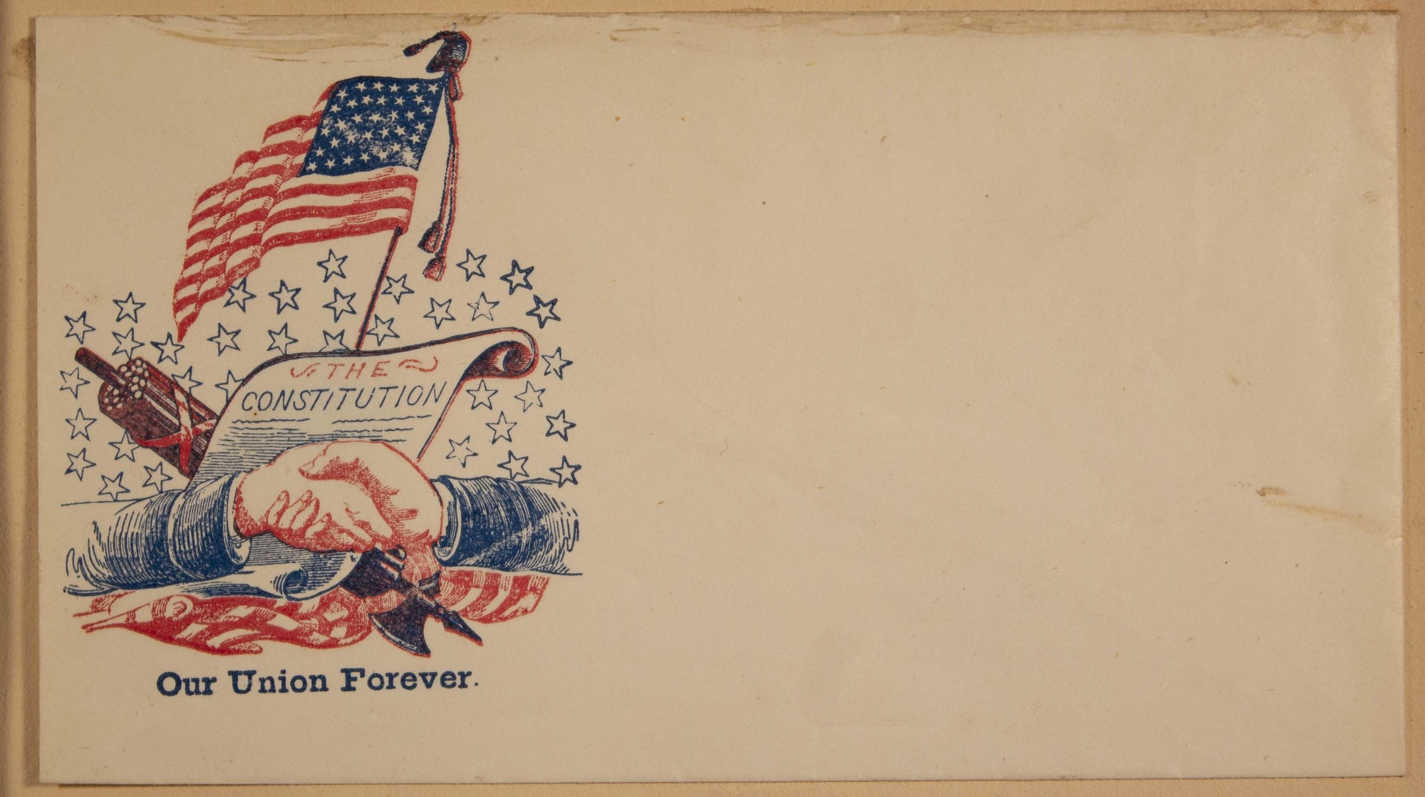 Two hands shaking over American Flag and Constitution. "Our Union Forever" written below.