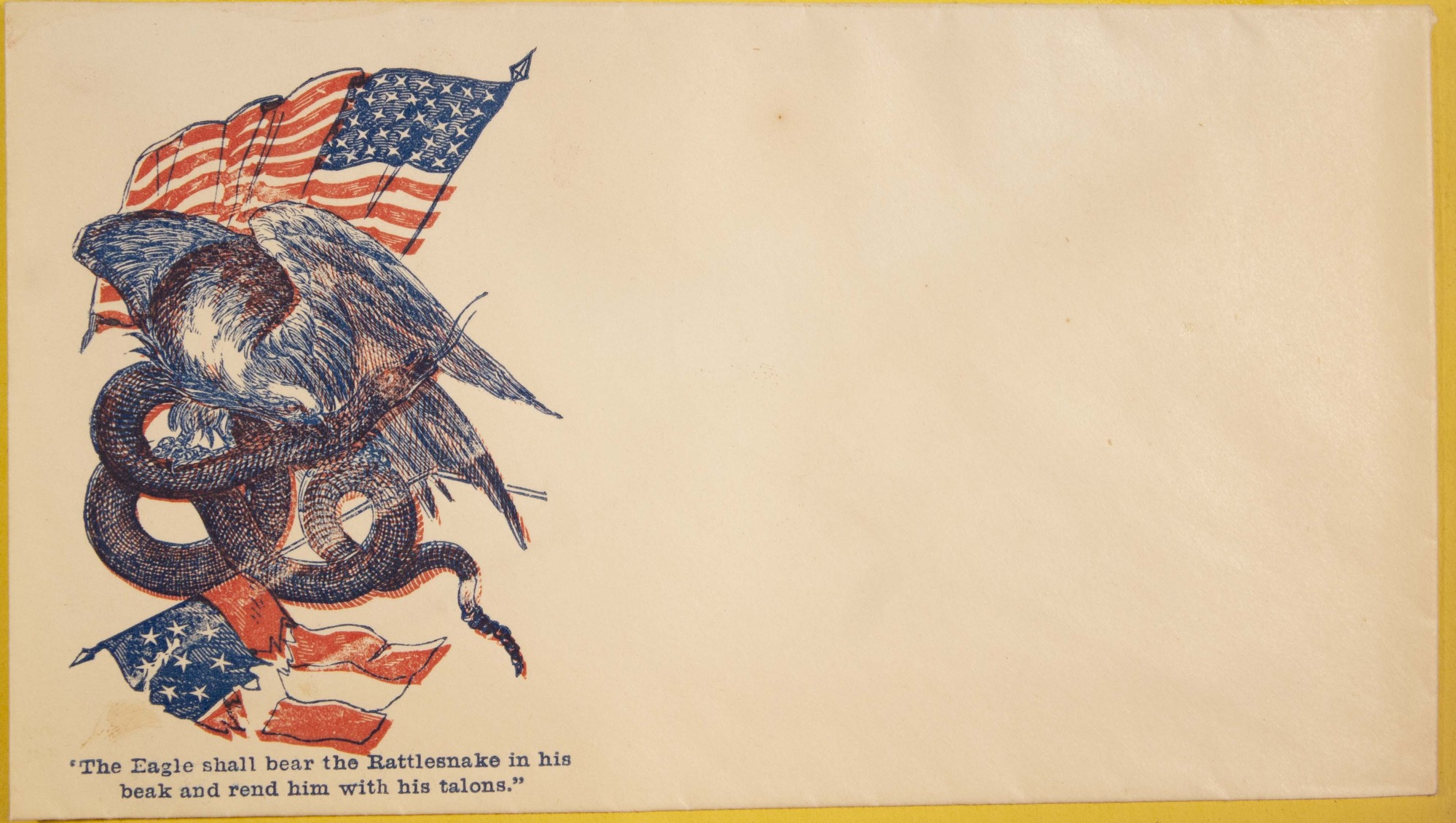 Eagle fighting snake. American flag flies while Confederate flag is torn on the ground.