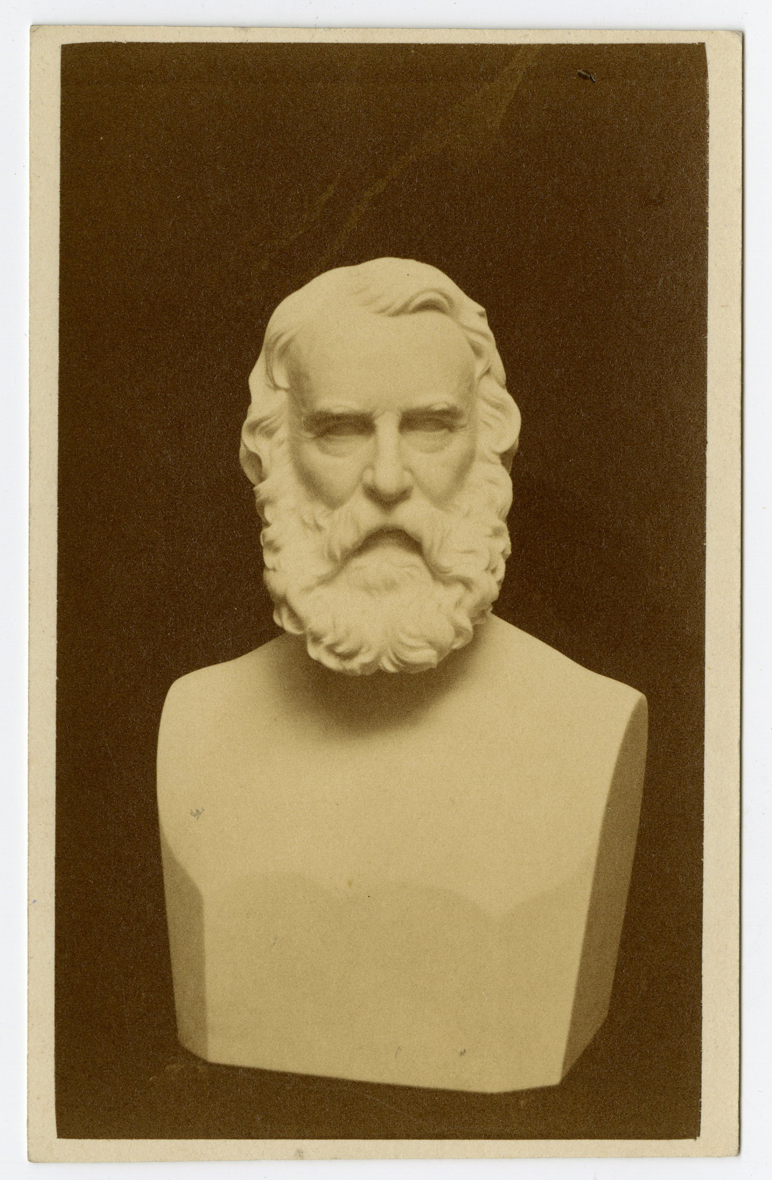 Photograph of a bust of a bearded Longfellow in marble. The view is nearly frontal. Only the face and hair are carved in detail.