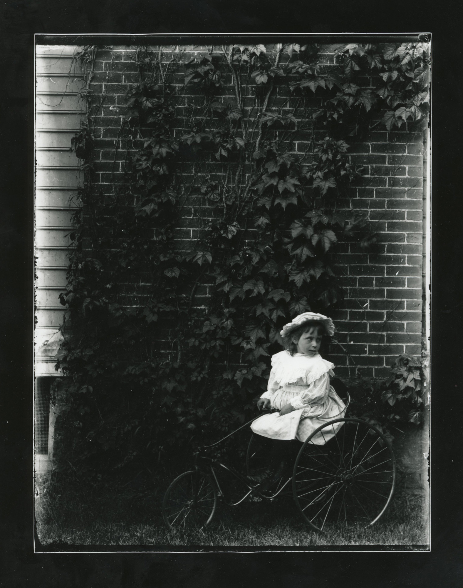 Young white girl in white hat and dress sits on a tricycle in front of ivy-covered wall.