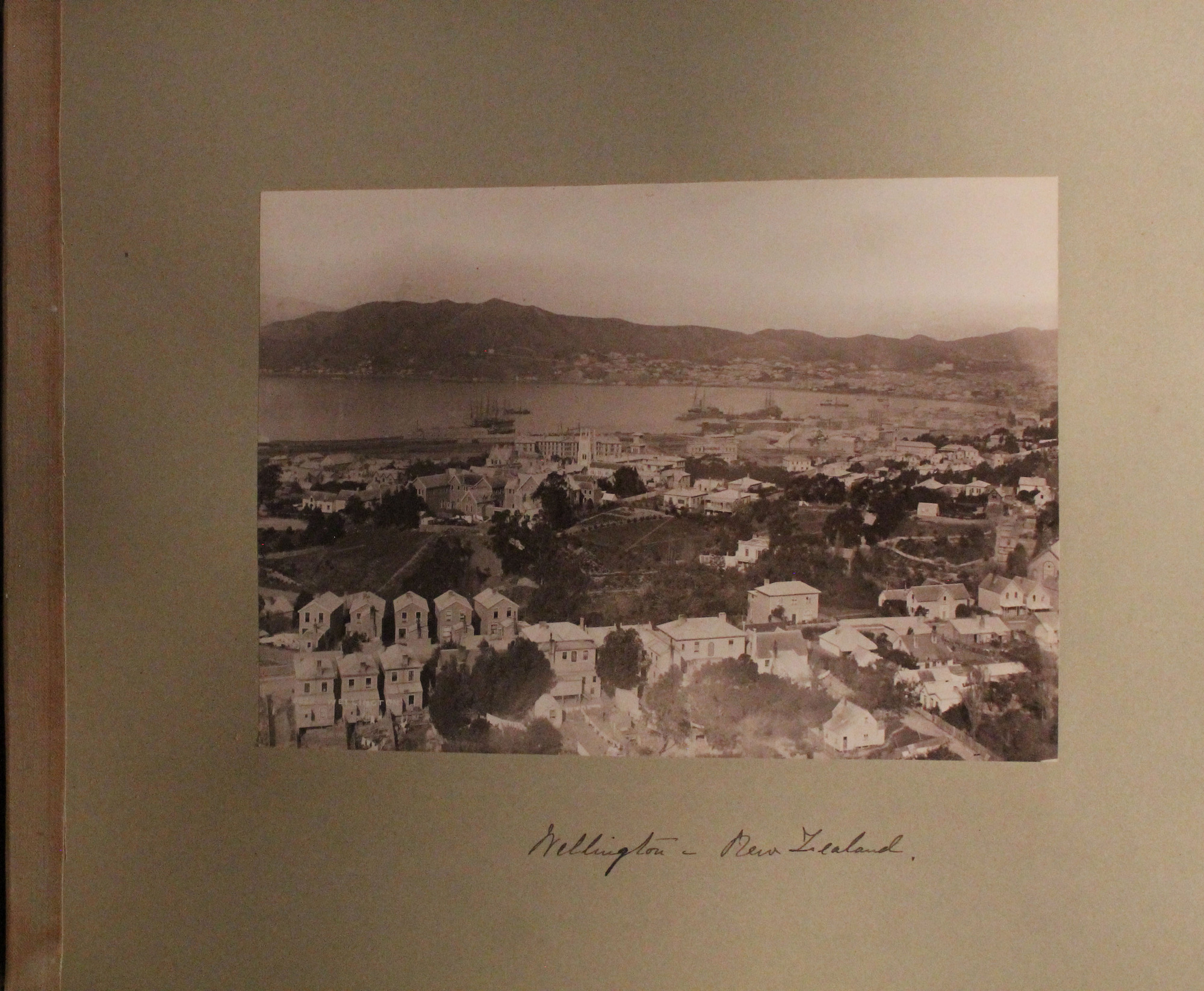 View looking down on Wellington and harbor from above. Houses, churches, commercial buildings and wharves in foreground and continuing around to background at right. Several ships visible.