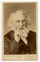 Portrait of Henry Wadsworth Longfellow. Head and shoulders visible against plain background. Longfellow wears formal attire and has chin-length white hair and a full white beard. He turns his head slightly to his right and leans his chin on his raised right hand.