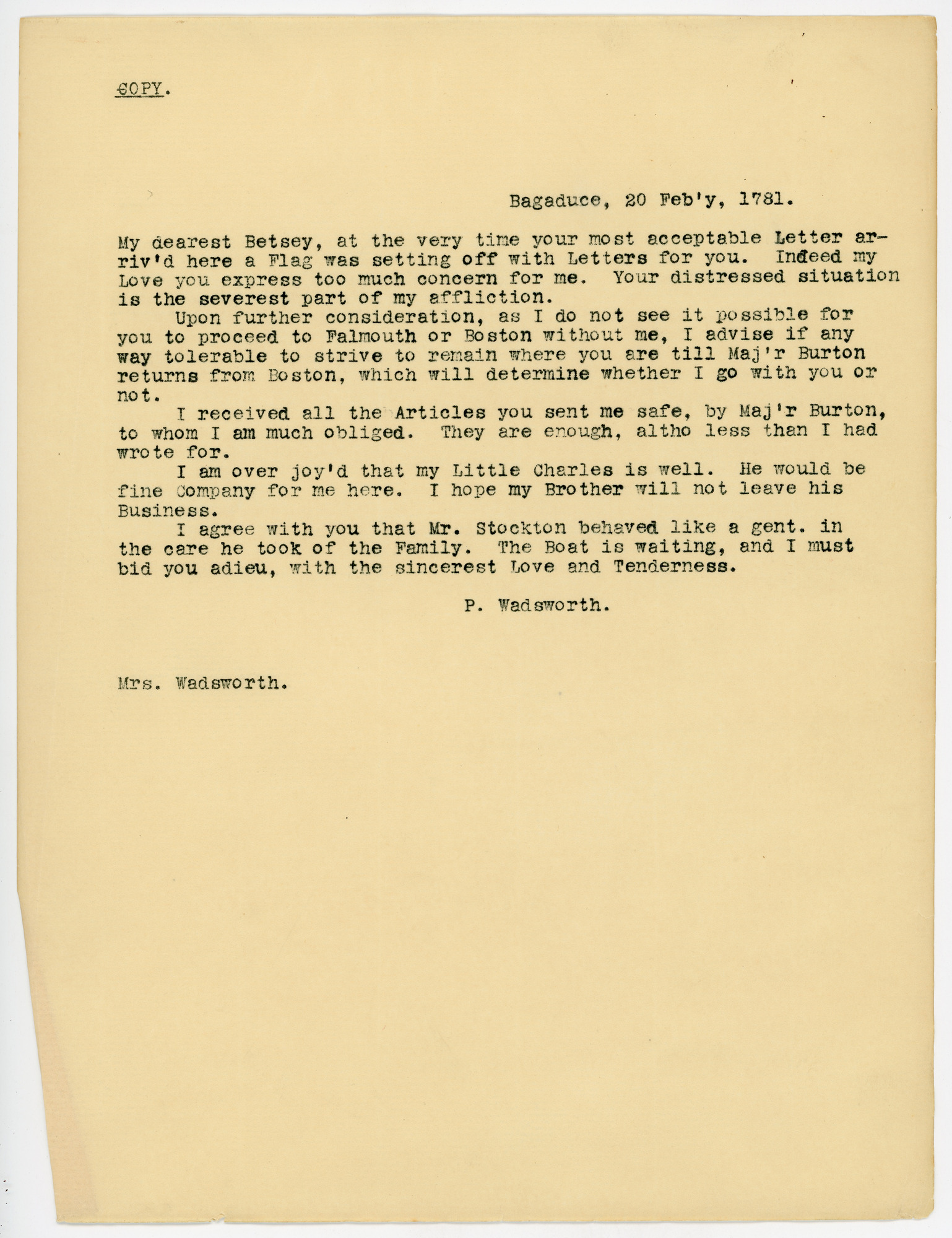 Typed copy of 1781 letter