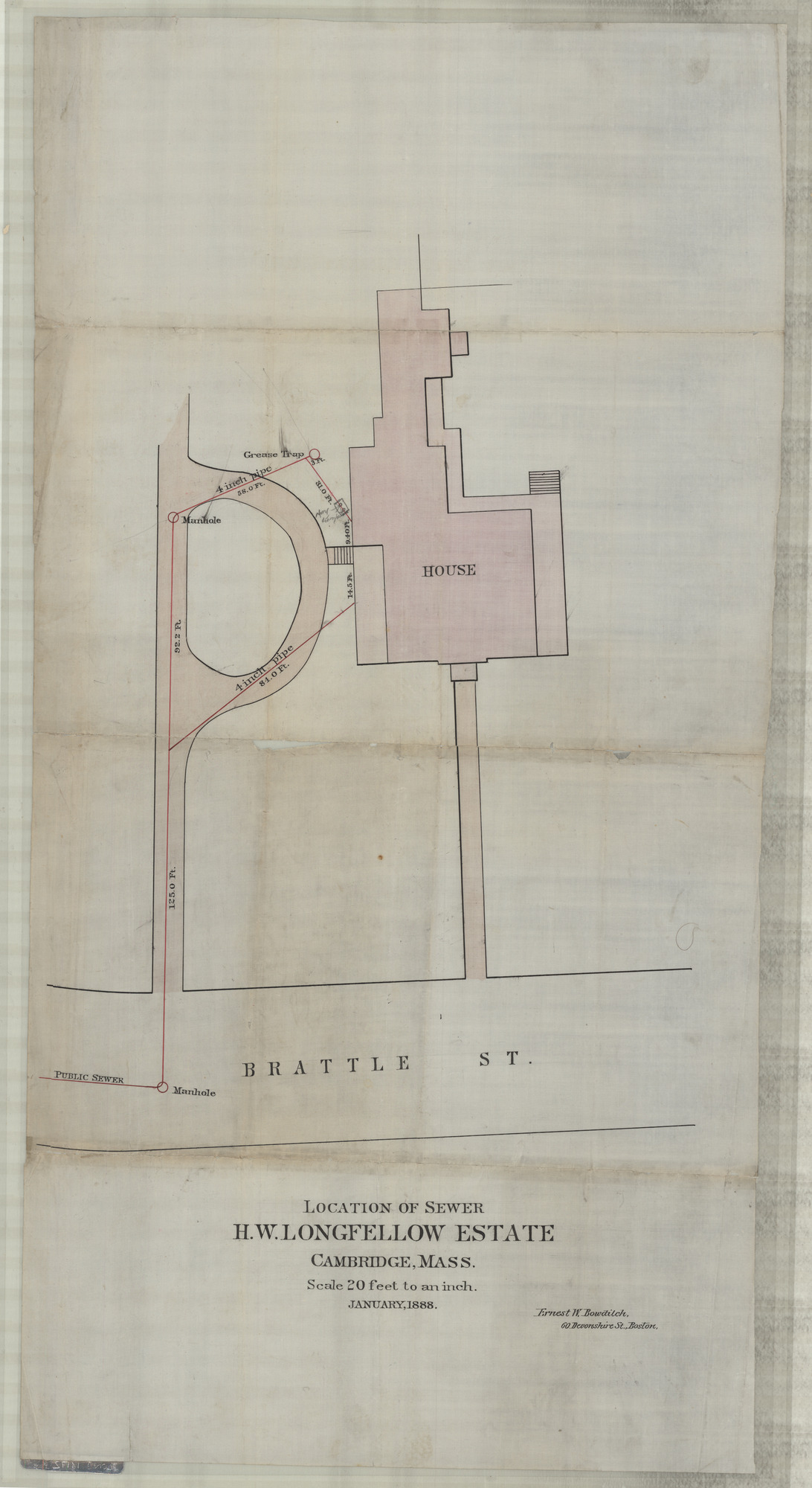 Drawing of a plan showing sewer pipes position from Brattle street towards the Longfellow House