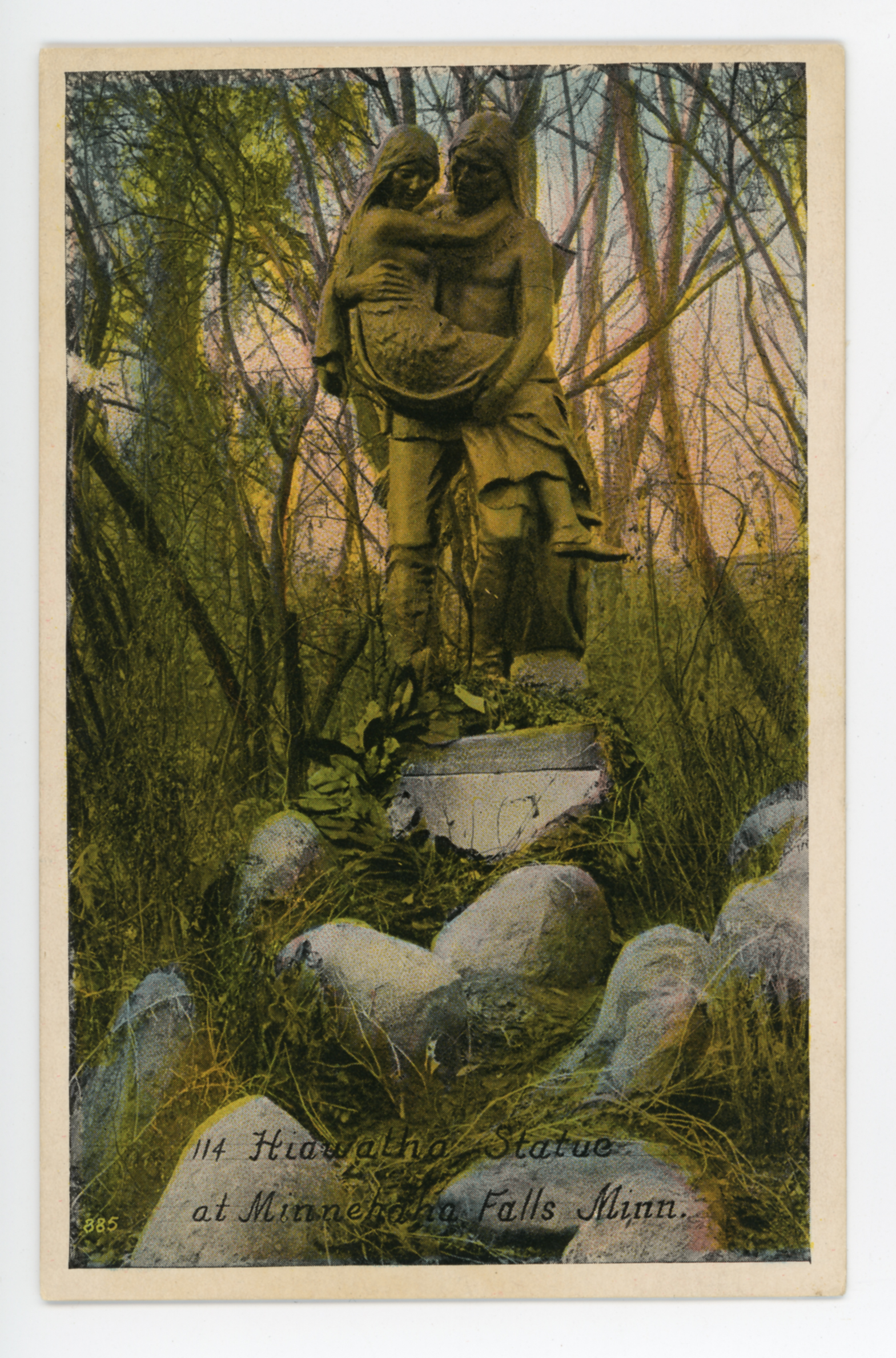 Postcard of bronze statue of two figures.