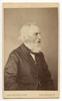 Half-length view. Henry Wadsworth Longfellow faces almost full profile to his left. Details of clothing include a slit as his right breast pocket. Longfellow is wearing formal attire and has chin-length white hair and a full white beard with a touch of gray.
