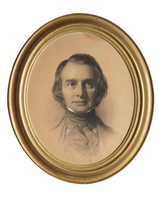 Bust-length portrait of man in charcoal, in oval gold frame