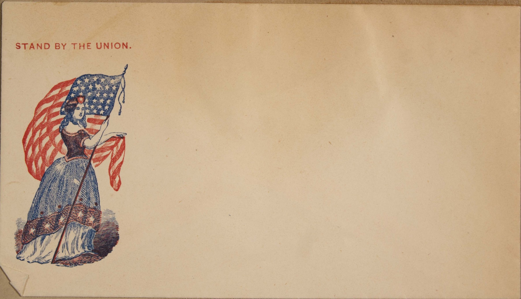 Woman holding American flag. Above her reads "Stand by the Union."