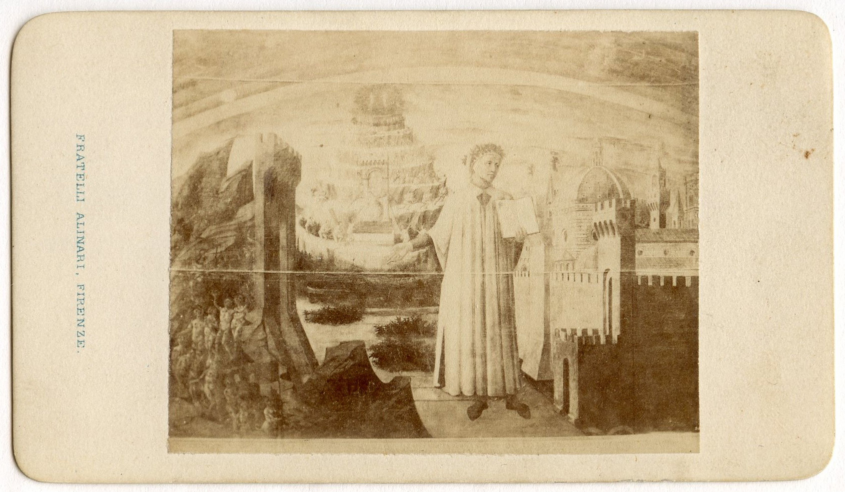Figure of Dante displaying an open book in his right hand and gesturing with his left. Background shows entrance to cave (?) at left and city at right.